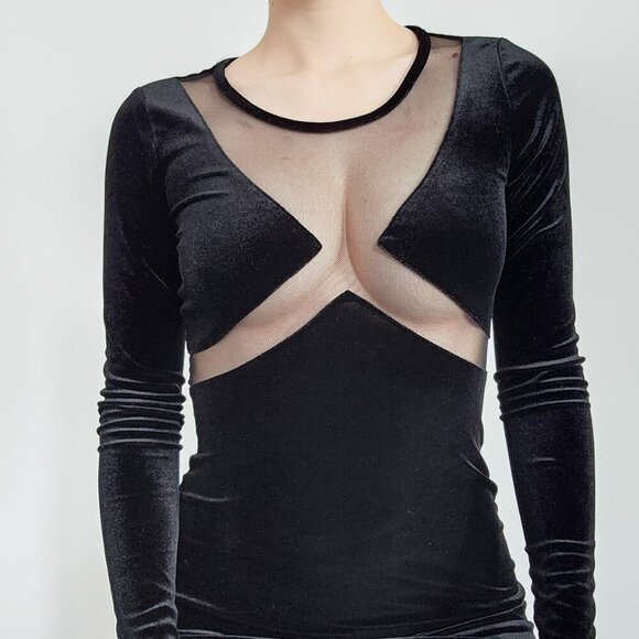 Black velvet and mesh cutout bodycon long-sleeved mini dress from Noisy May - Picture 2 of 16